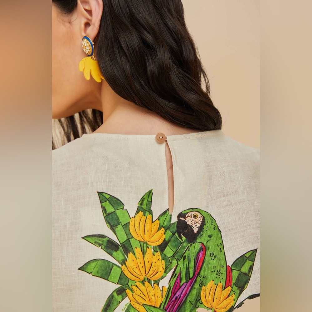 FARM Rio Cream Linen Crop Top with Green Parrot & Yellow Floral Print - Picture 2 of 11